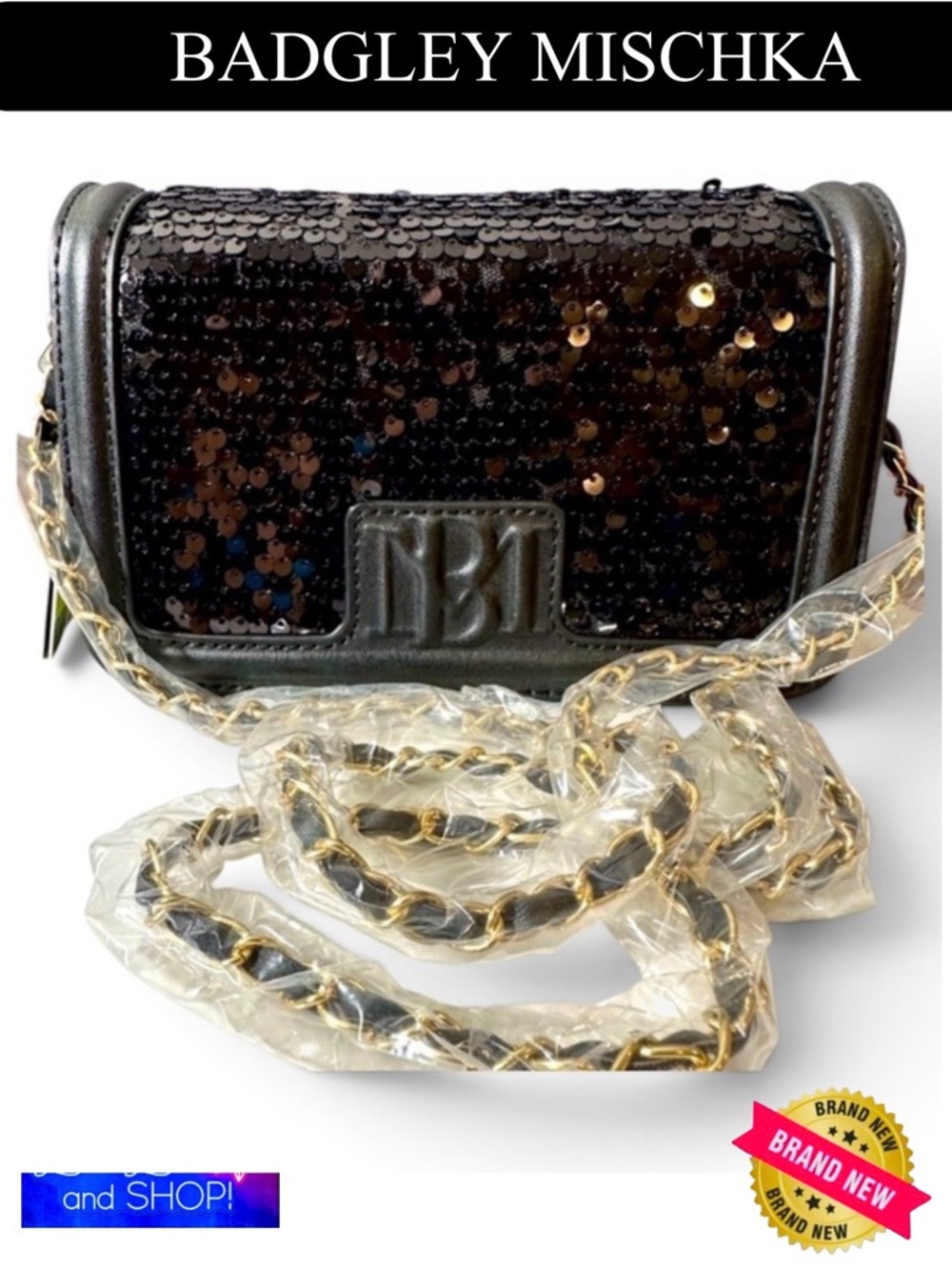 BADGLEY MISCHKA Black Sequence Purse w/Detachable Crossbody/Shoulder Strap, NWT